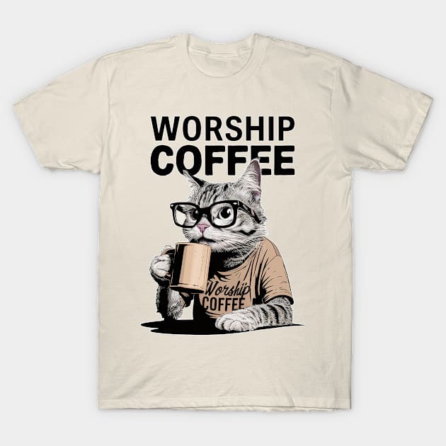 Worship Coffee Geek Cat T-Shirt by PetODesigns